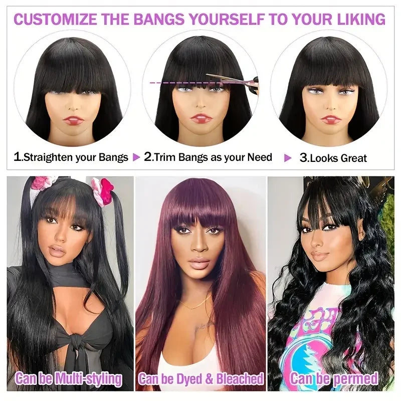100% Human Hair Wigs Wear Go Glueless Straight Wig With Bangs Natural Black Color Straight Machine Made Wig with Fringe Bobbi