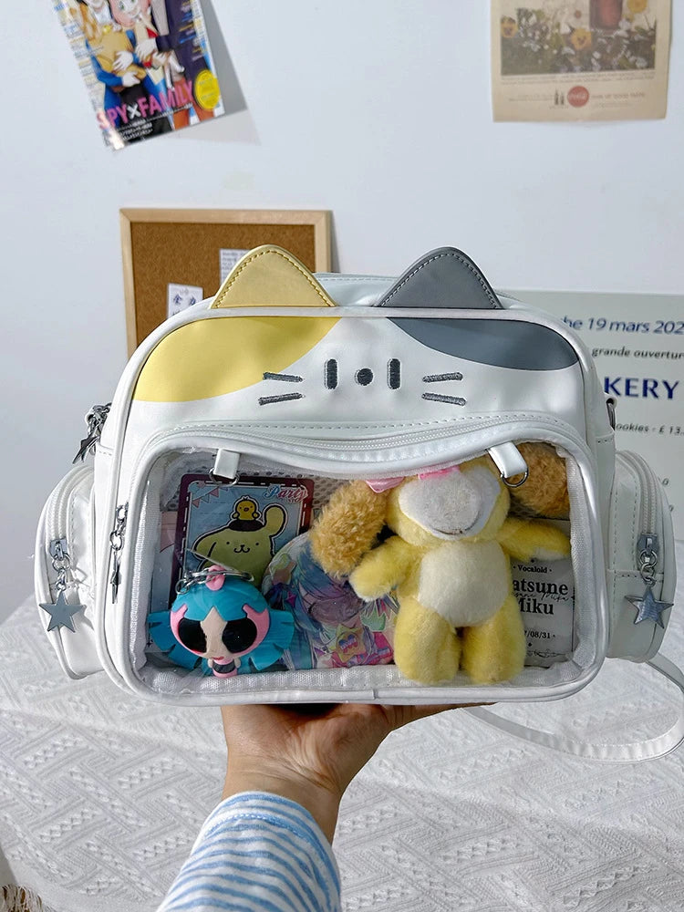 Women's Fashion Backpacks Y2K Korean Japan Kawaii Cat Ita Bag PU Cute Girls Transparent Pocket Aesthetic Shoulder Crossbody Bags