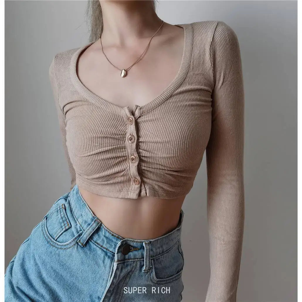 Spring Summer Women Long Sleeve Button T Shirt Female Solid Slim Sexys Casual Tee Shirt Femmes Y2k Clothes Streetwear Crop Tops
