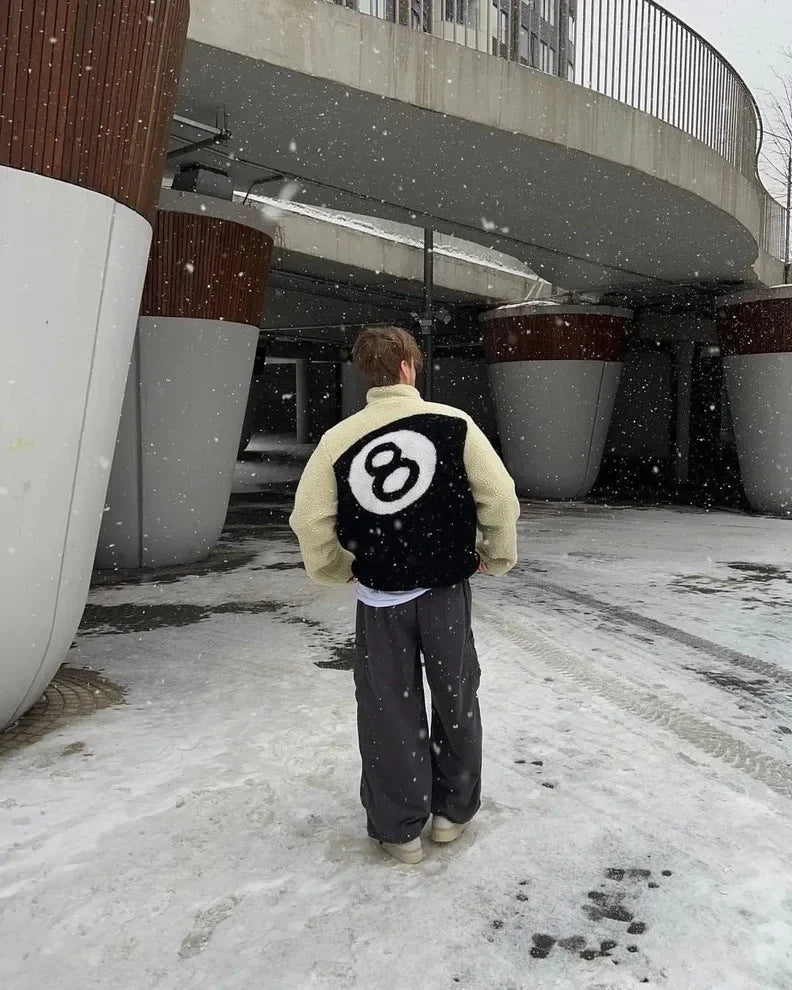 Vintage American Style Double-Sided Wearable Black Eight Ball Flocking Woolen Jacket Zipper For Men And Women Casual Use