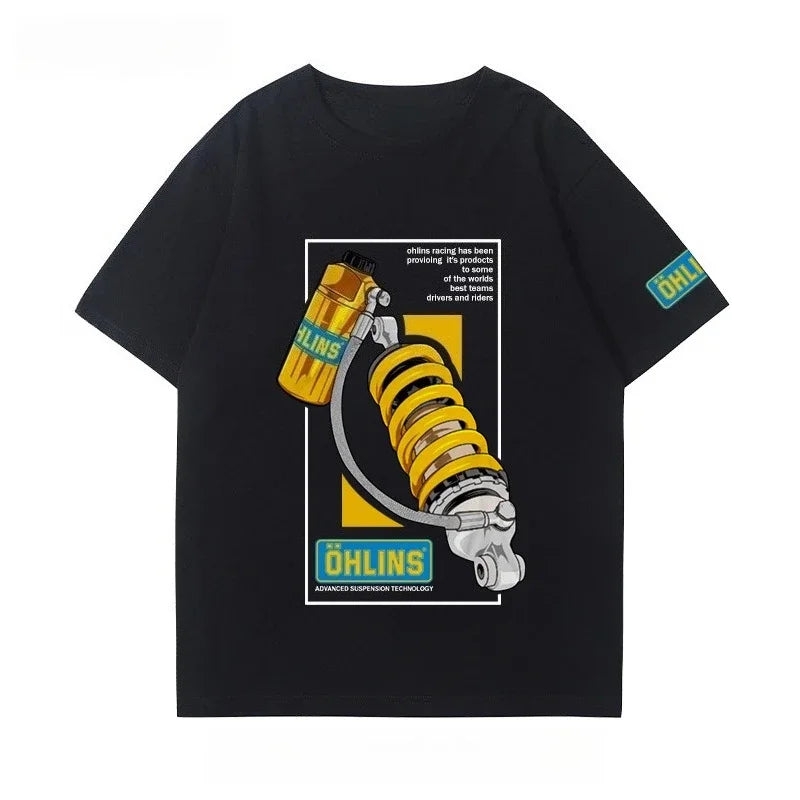 25 New Motorcycle Shock Absorber Modified T-shirt Clothes Casual Trendy Brand Men's Women's Car Club Crew Neck Short-sleeved Top