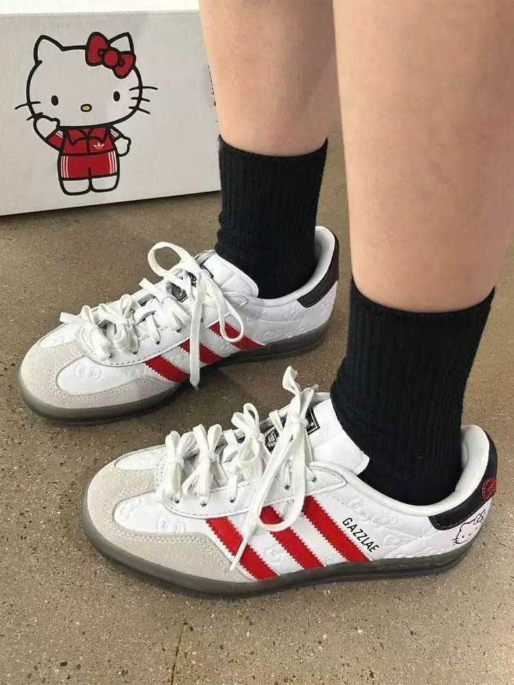 Original Hello Kitty Sneakers Cute Retro Low Cut Printed Flat Shoes Cartoon Student Fashion Color Blocked Striped Casual Shoes