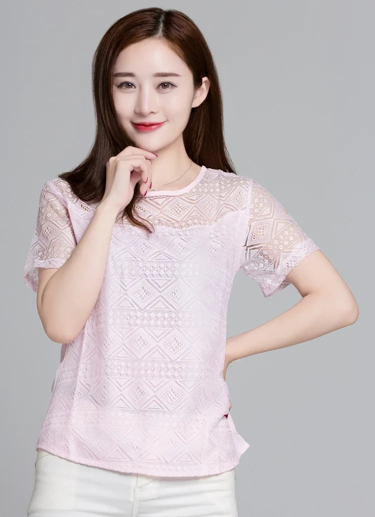 1pcs Summer Women Lace T-Shirt Lady Short-Sleeve Round-Neck tShirt Female Sexy Slim Fit  Tee Girl Chiffon Shirt Fashion Pullover