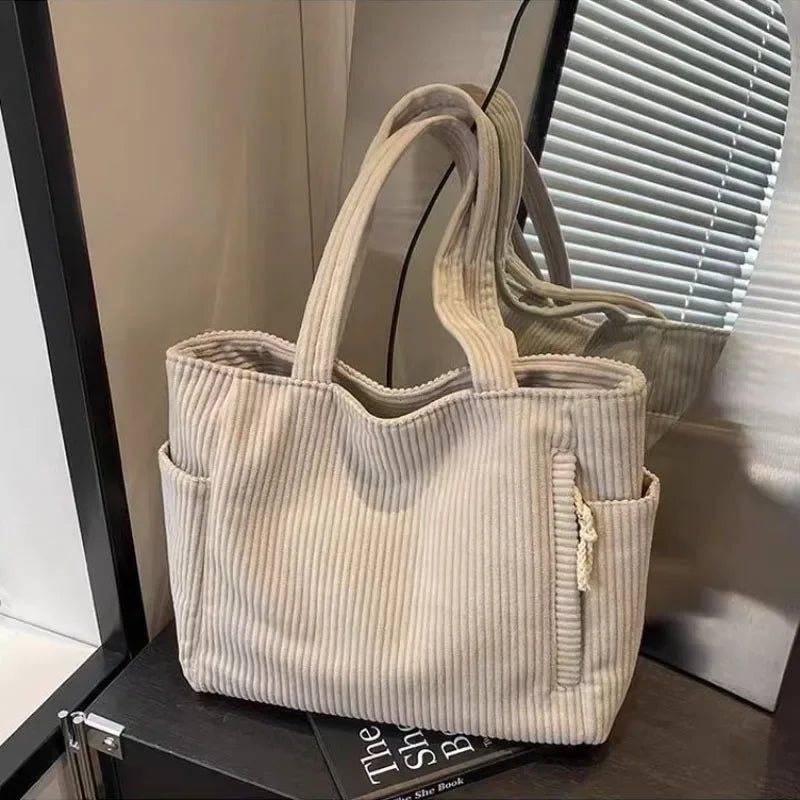 Corduroy Daily Handbag Fashionable Versatile Shoulder Bag for Women Multi-Compartment Zipper Closure Commute Women's Tote Bag