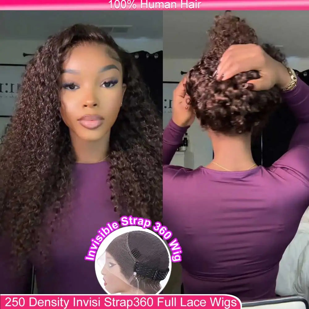 Invisible Strap 360 Full Lace Glueless Wig Chocolate Brown Deep Wave Frontal Wig Hidden Water Wave Lace Front Wig Human Hair