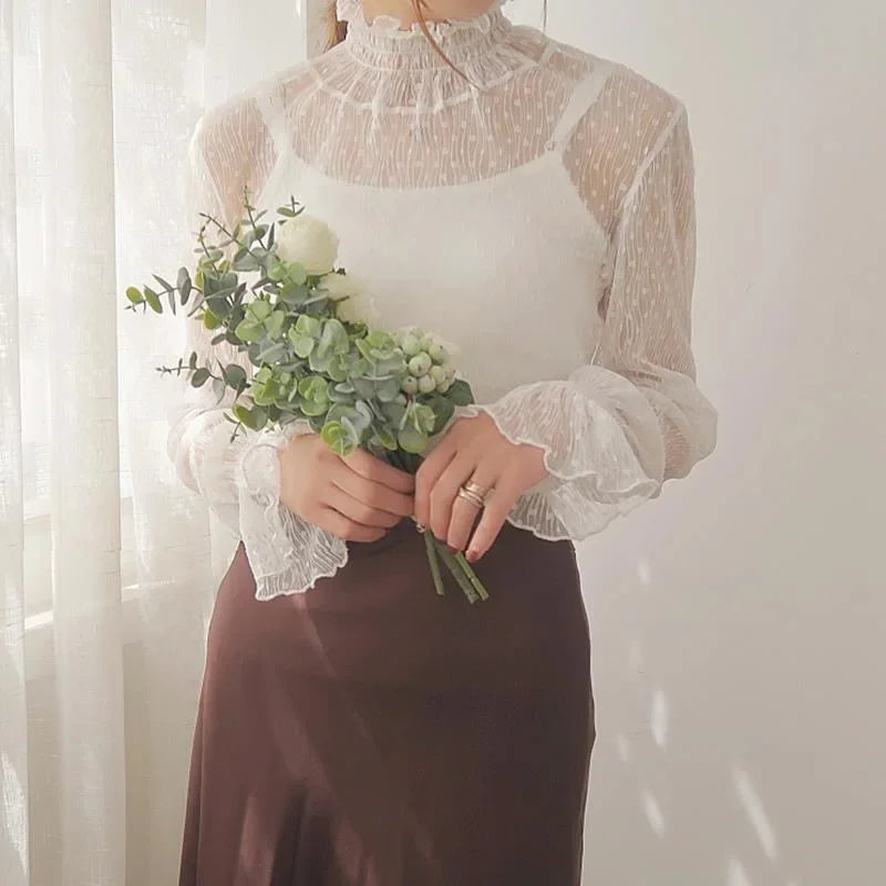 Women Sexy Mesh See Through T Shirt  Long Bell Sleeve Hollow Out Blouse Summer Transparent Sheer High Neck Bottoming Basic Tee