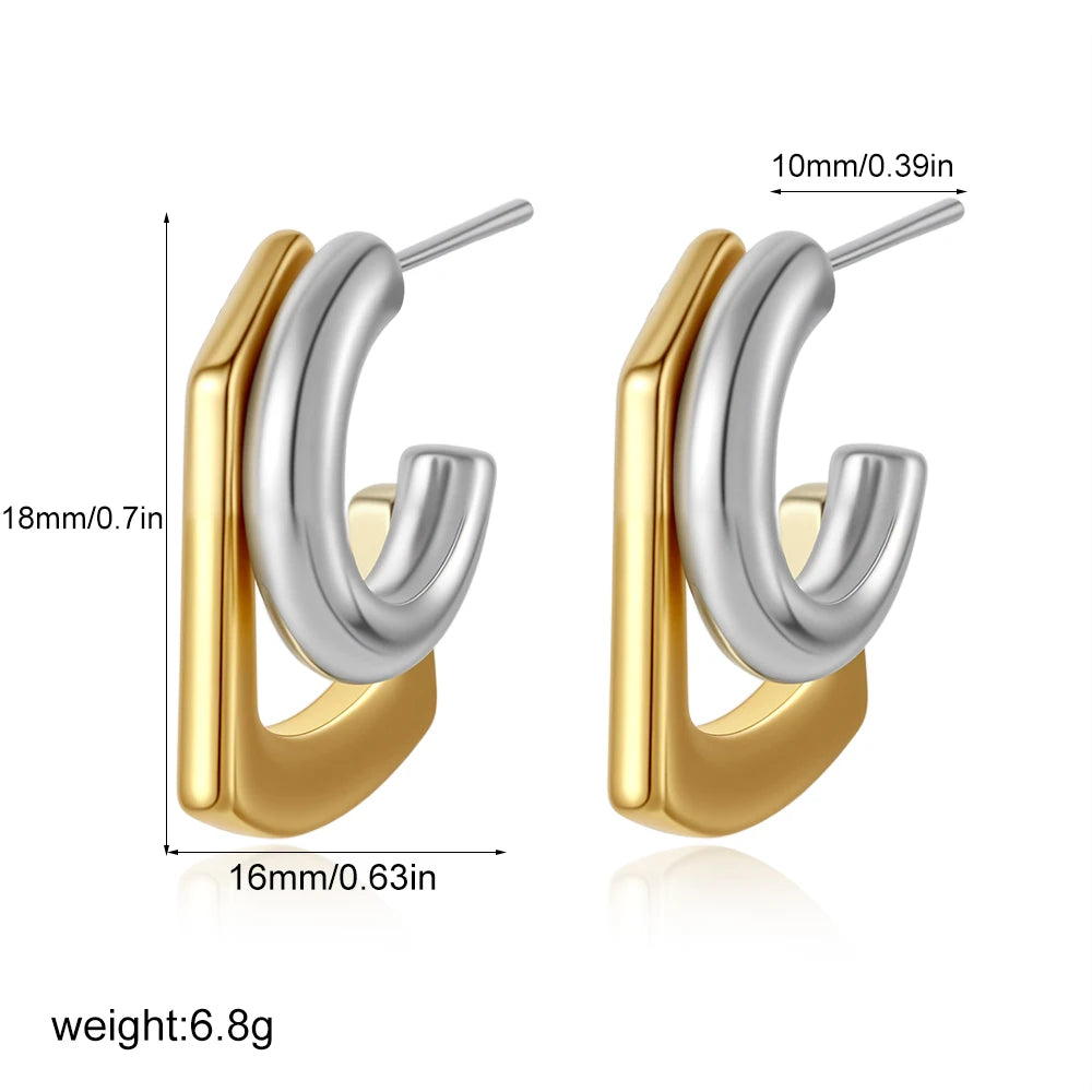 Geometric Stainless Steel Gold Sliver Color Bilayer Stud Earring for Women Irregular Metal Texture Fashion Jewelry Gift