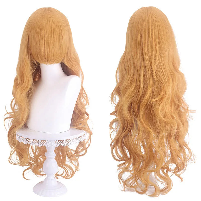 Diagonal Bangs Curly Long Wave Wig for Women Heat-resistant Fiber Synthetic Wig for Daily Cosplay