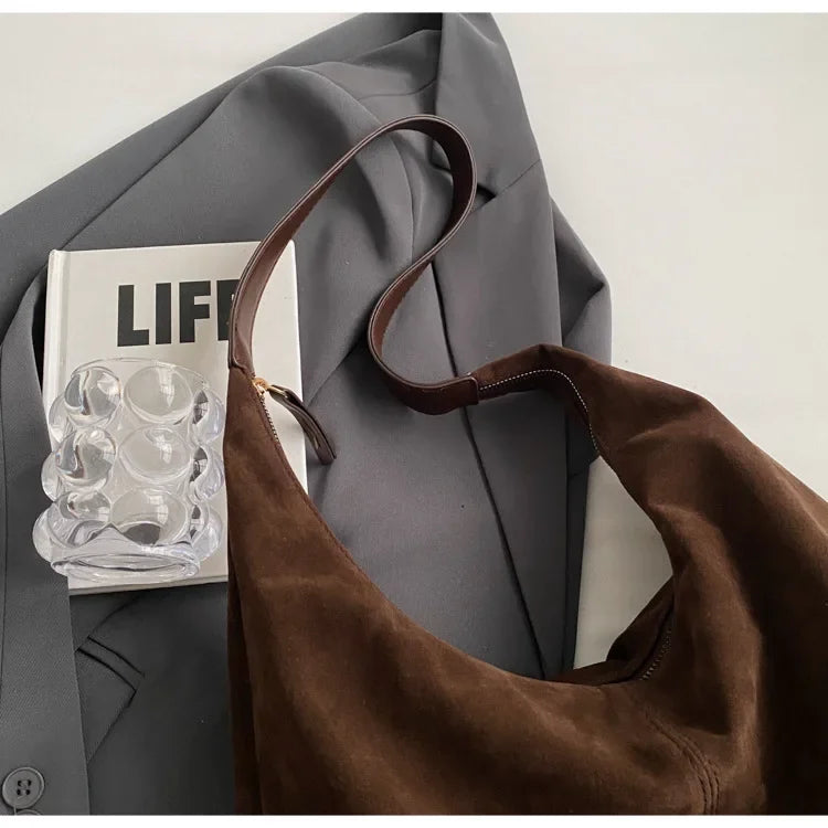 Vintage Suede New Large Capacity Women Tote Bag 2025 Autumn Winter Commute Shoulder Crossbody Bags Fashion Trend Underarm Bags