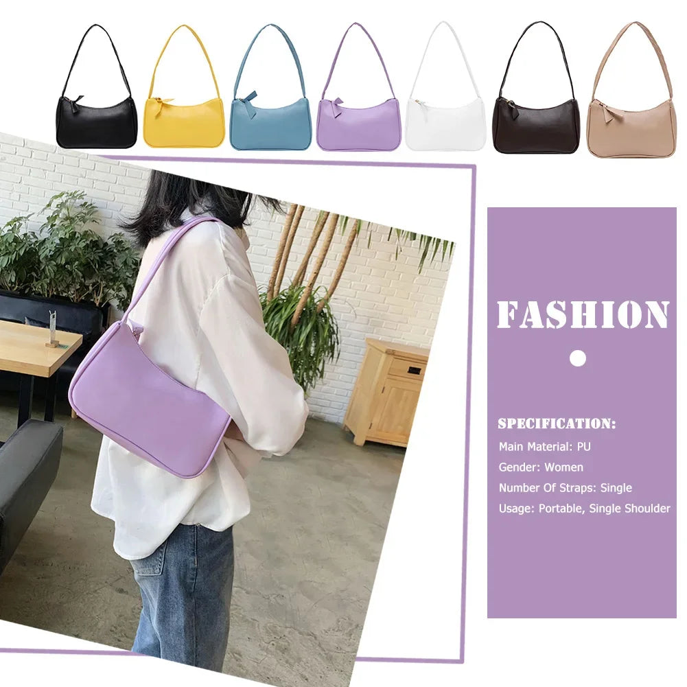 New Retro Soft PU Leather Women Shoulder Underarm Bags Casual Solid Color Small Top-Handle Handbags Ladies Fashion Shoulder Bags