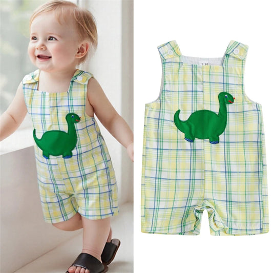 Toddler Baby Girls Boys Overalls Romper Cute Plaid Embroidery Dinosaur Sleeveless Jumpsuits Children Summer Clothes