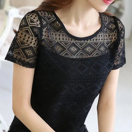 1pcs Summer Women Lace T-Shirt Lady Short-Sleeve Round-Neck tShirt Female Sexy Slim Fit  Tee Girl Chiffon Shirt Fashion Pullover