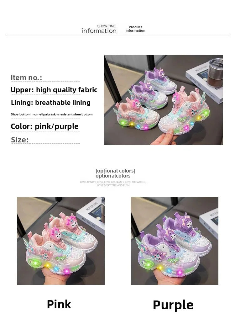 Girls Cartoon Rotating Button Sports Shoes Soft Bottom Kuroko Light up Dad Shoes Breathable Rubber Spring Season Kids Sneakers