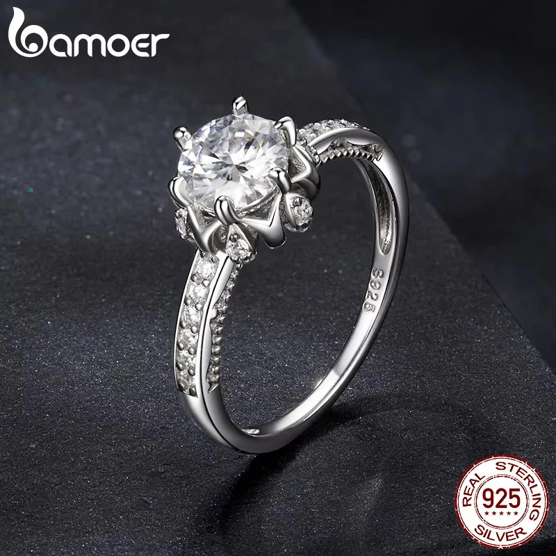 BAMOER D Color VVS1 EX Moissanite Flower Ring 1ct Round Moissanite Diamond Solitaire Engagement 925 Sterling Silver Rings For Wo