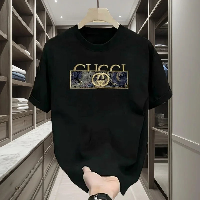 Summer 2025 new luxury brand letter pattern printed men's 100% pure cotton short-sleeved round-neck T-shirt