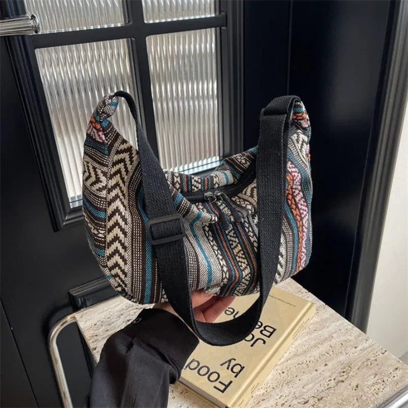 Tribal Style Shoulder Bag, Foldable Crossbody with Zipper Closure, Striped Pattern, Flag Theme Hand Washable Edge Painted Lining