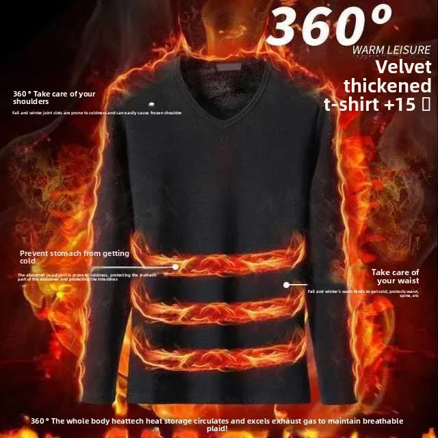 Men's Fleece Lined Thickened Long Sleeve T-Shirt round Neck Base Shirt Autumn Clothes Winter Long Sleeve Warm Underwear