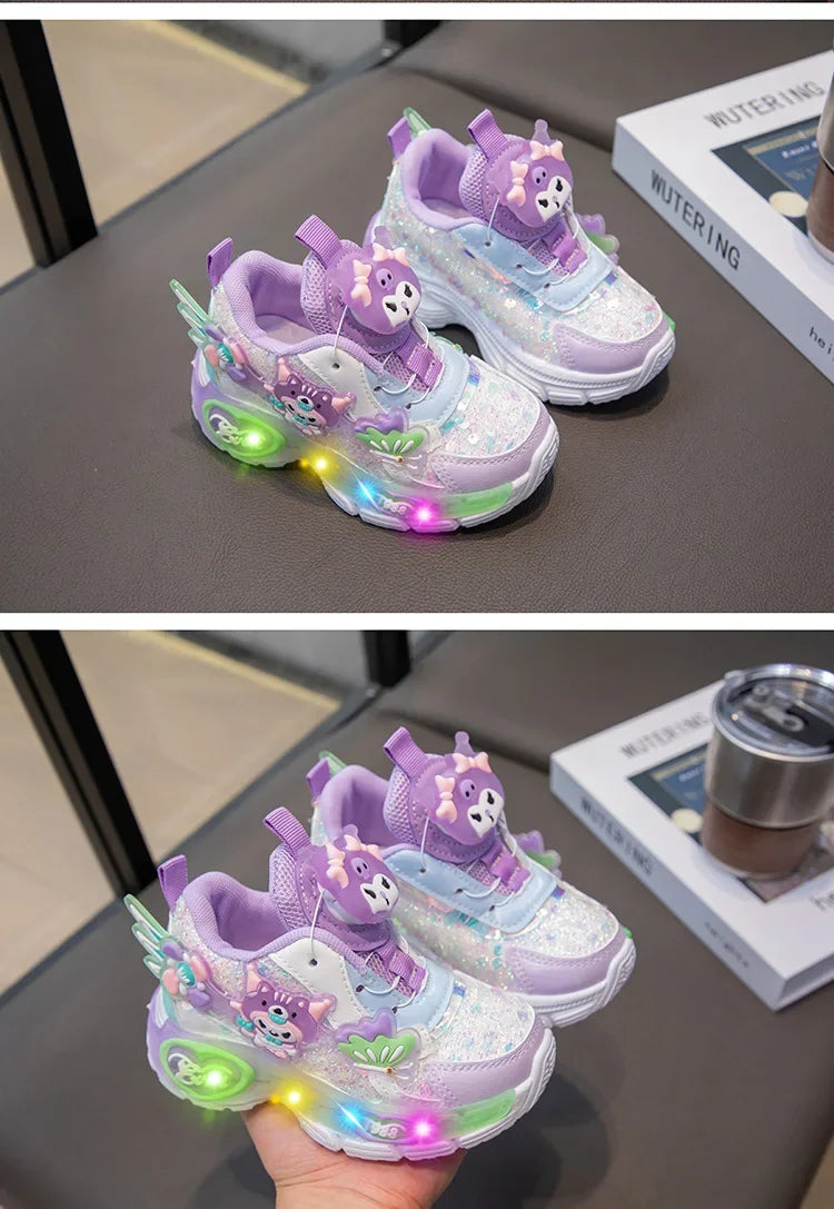Girls Cartoon Rotating Button Sports Shoes Soft Bottom Kuroko Light up Dad Shoes Breathable Rubber Spring Season Kids Sneakers
