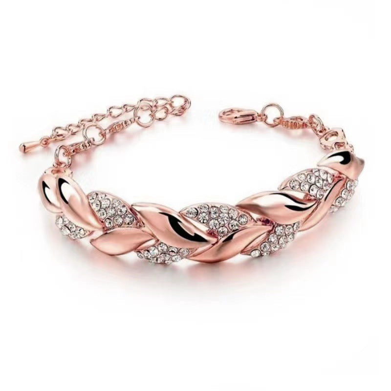 Luxury Love Braided Leaf Bracelet Charm Crystal Wedding Bracelets for Women Anniversary Valentines Day Gifts Aesthetic Jewelry