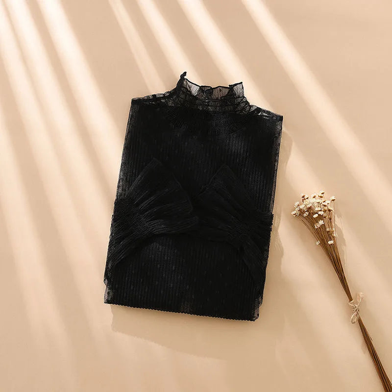 Women Sexy Mesh See Through T Shirt  Long Bell Sleeve Hollow Out Blouse Summer Transparent Sheer High Neck Bottoming Basic Tee