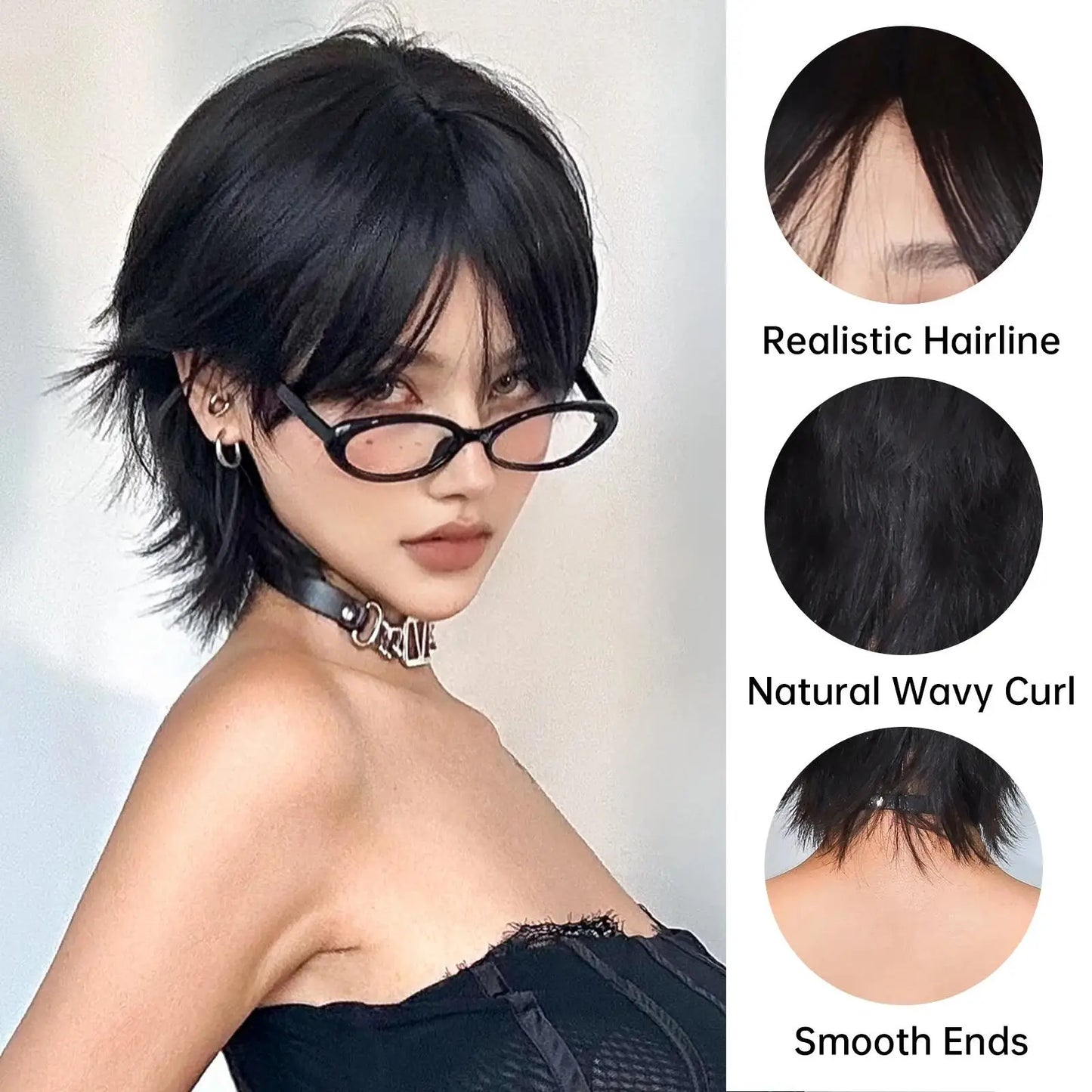 12 inch short salmon head wig with bangs, women's short straight black synthetic wig, party daily use elf cut short wig