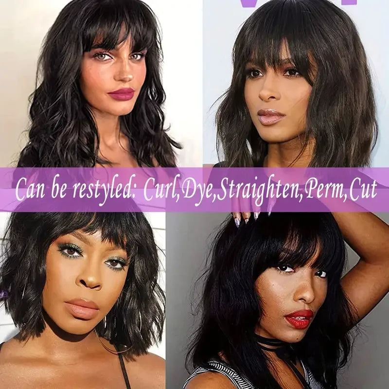 Body Wave Wigs With Bangs Malaysian Human Hair Wig With Bangs For Women Glueless Wear and Go Machine Made Wig Short Bob Wig Sale