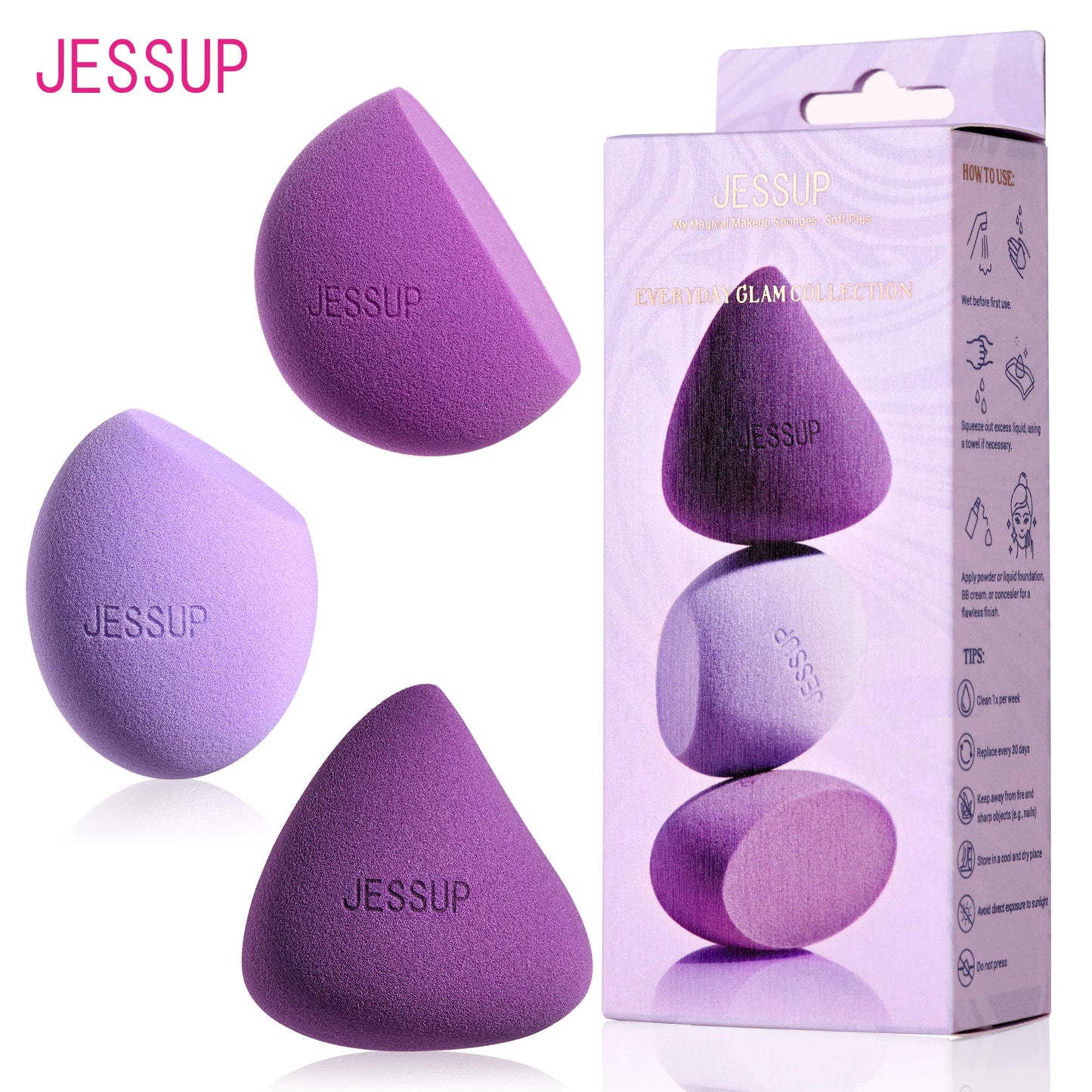 Jessup Makeup Sponge Set, 3pcs Make up Sponges for Face Foundation Concealer Contour and Blusher, Purple SP017