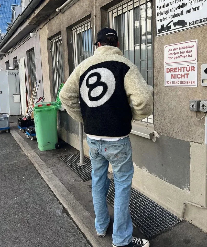 Vintage American Style Double-Sided Wearable Black Eight Ball Flocking Woolen Jacket Zipper For Men And Women Casual Use