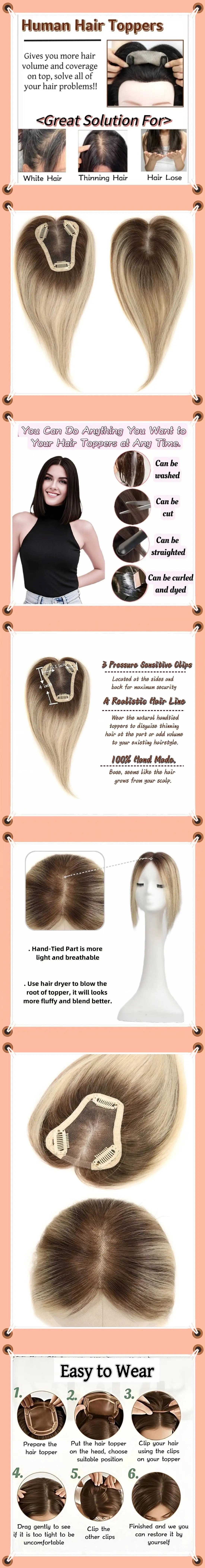 100% Remy Human Hair Natural Hair Topper HairPieces for Women Silk Base 3Clip in Toppers Hair Swiss Lace Hair Topper Breathable