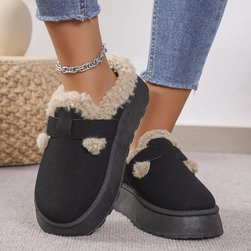 2025 New Plush Buckle Warm Cotton Slippers Winter Thick Sole Thick Snow Boot High Quality Plush Cotton Slippers Zapatos De Mujer