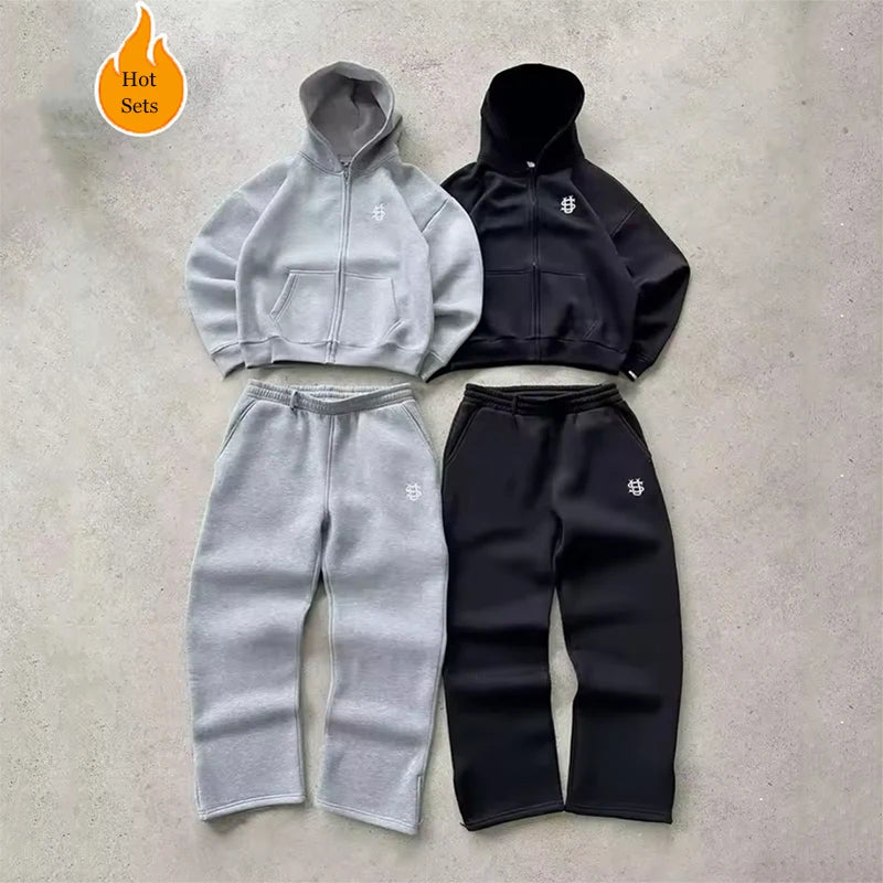 Streetwear Hoodie Sets Mens Y2K Straight Sweatpants Fashion Embroidery Logo Suits Casual High Street Couple Training Suit