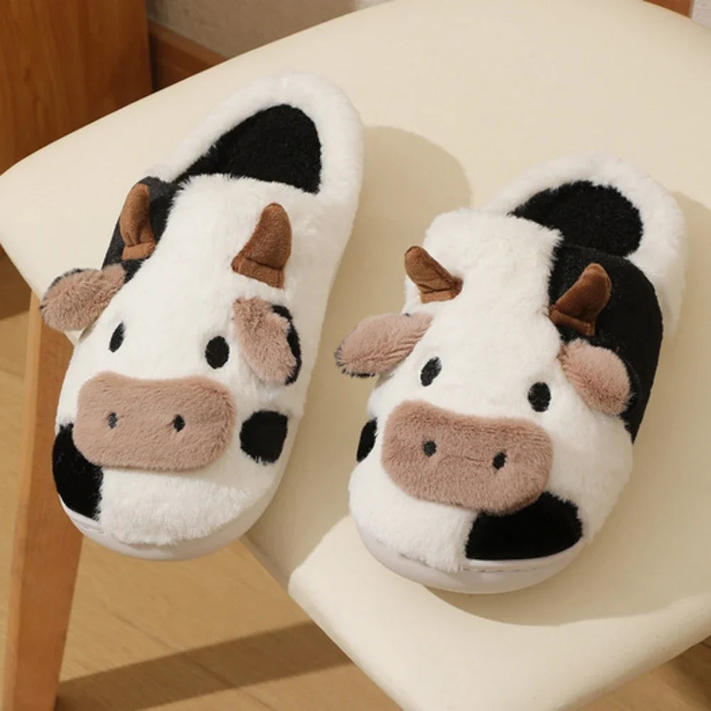 Winter Home Slippers for Couples Warm Plush Neutral Cartoon Cow Indoor Anti Slip Comfortable Cotton for Men Women