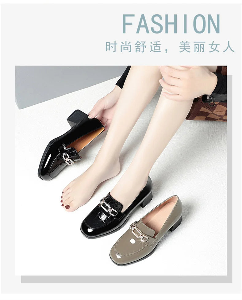 Spring Autumn Ladies Pumps Shallow Shoes Patent Leather Soft Sole Crystal High Heels  Loafers Fashion Breathable Single Shoe