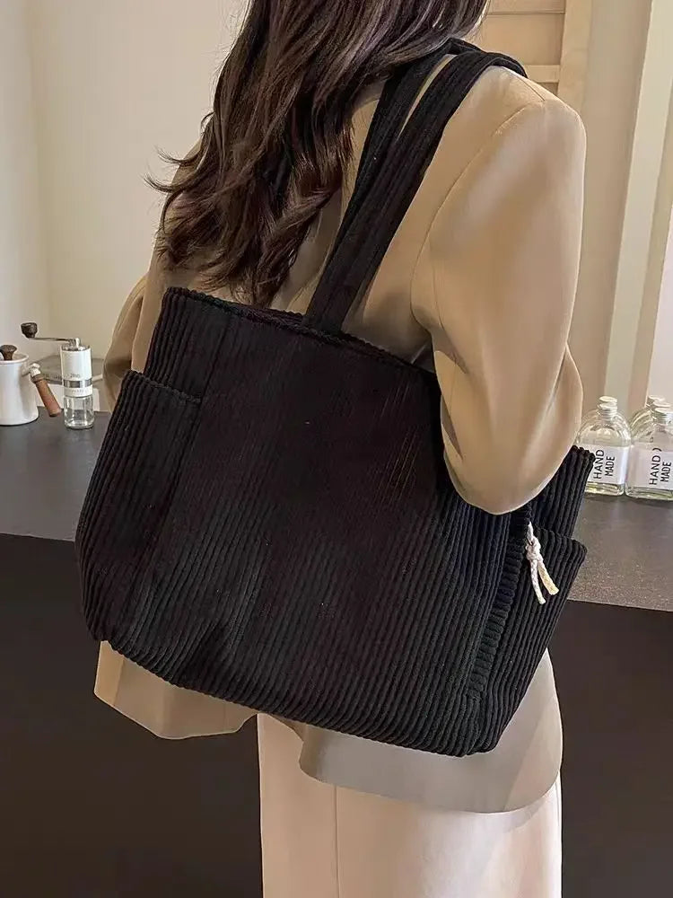Corduroy Daily Handbag Fashionable Versatile Shoulder Bag for Women Multi-Compartment Zipper Closure Commute Women's Tote Bag