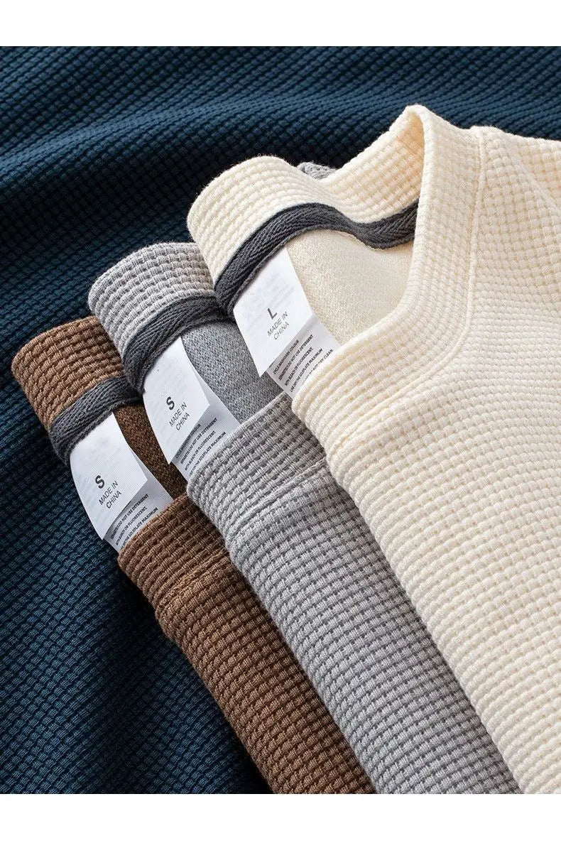 Waffle Short Sleeved T-shirt for Men and Women Summer Japanese Round Neck Half Sleeved Top Loose Casual Solid Color T-shirt