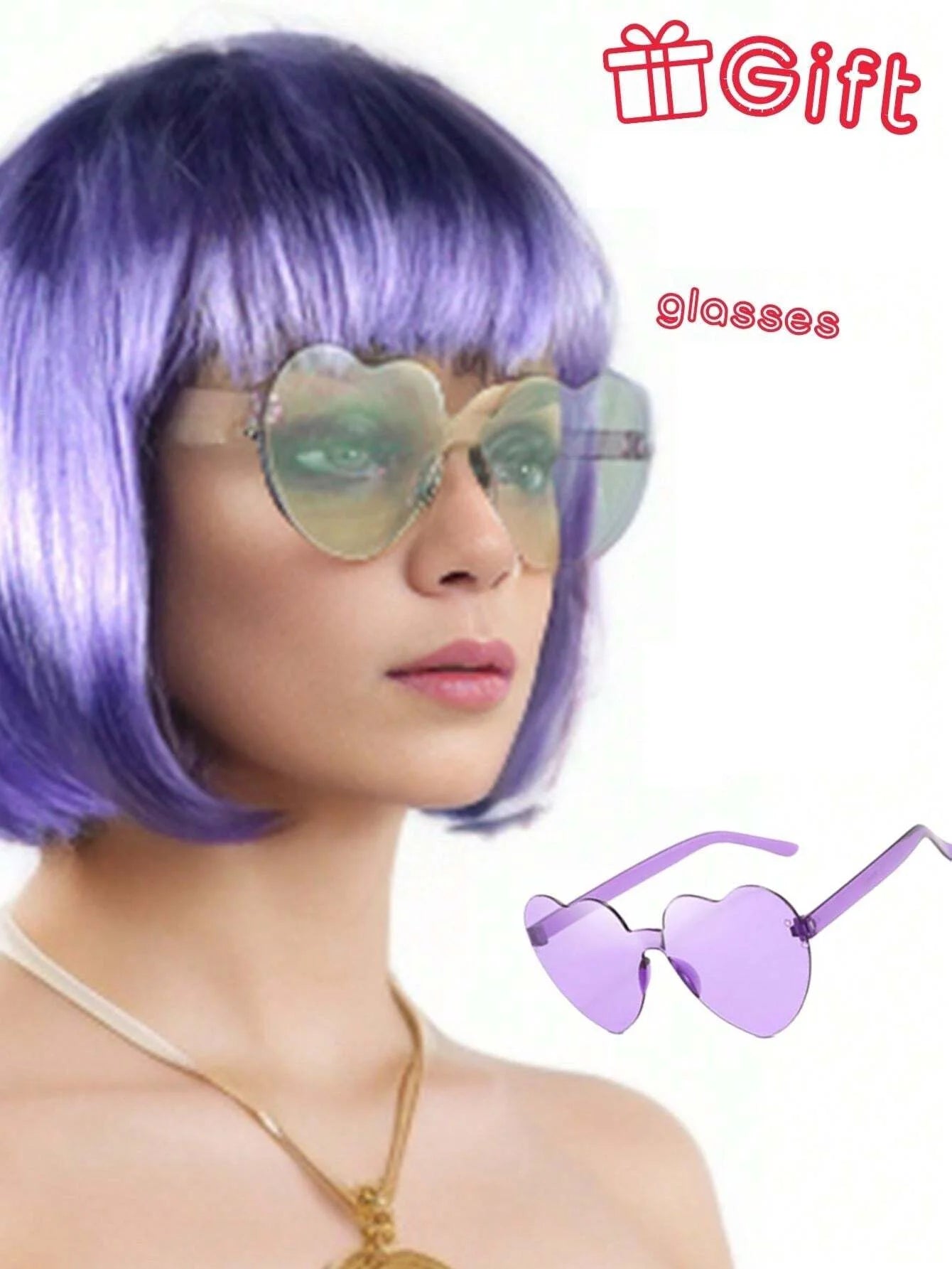 Halloween Party Prop Colorful Short Straight Bobo Wig, Funny & Novelty, With Free Frameless Heart-Shaped Sunglasses