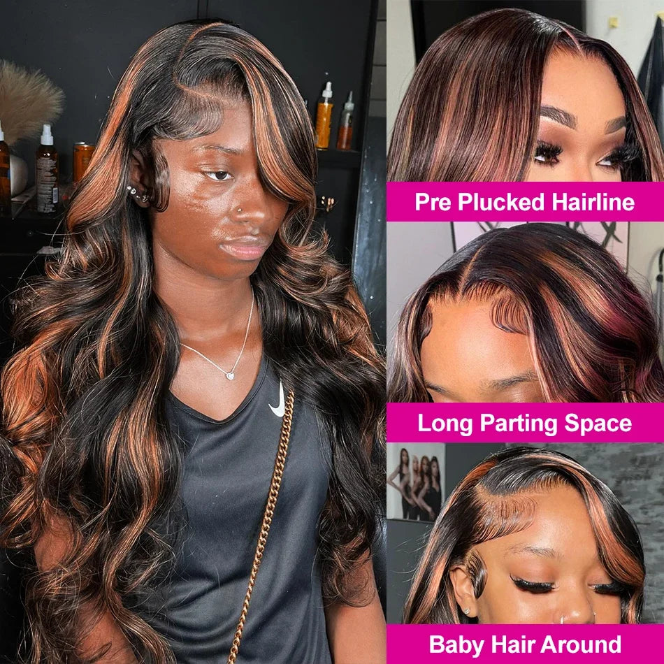 220 Density 30 Inch 1B/30 Black Brown Body Wave Lace Front Human Hair Wigs Colored Highlight 13x6 HD Lace Frontal Wig Human Hair