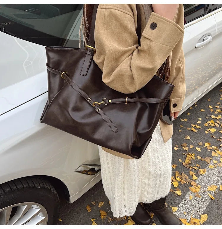 Large Capacity Winter Lady Shoulder Bag Vintage Casual Girl Tote Bags Y2K Pu Leather Female Handbags Women's Commuter Bag Purse