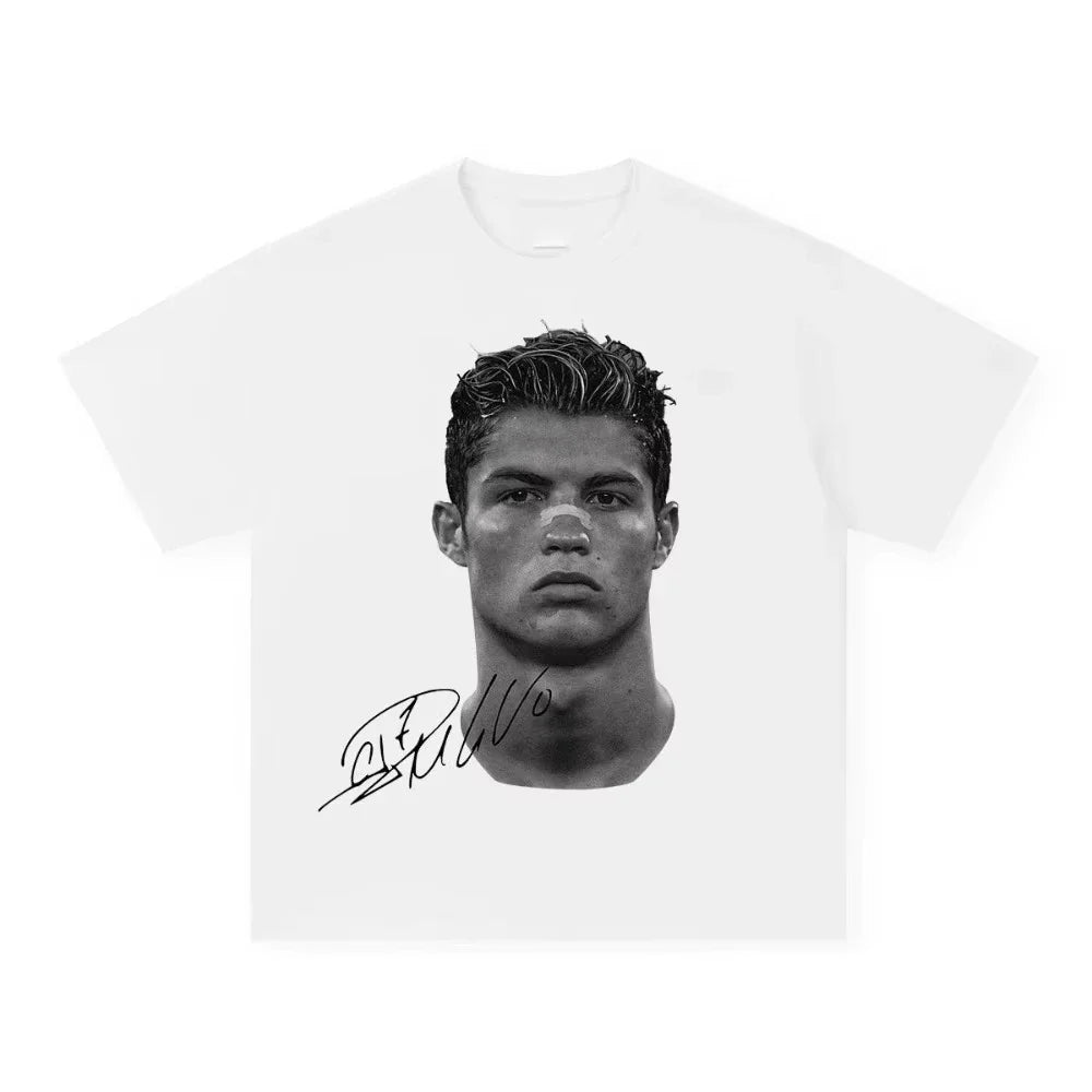 Cristiano Ronaldo Men's T-shirt: Pure Cotton Street Style American Men's and Women's Short-sleeved T-shirt with Retro and Fashio