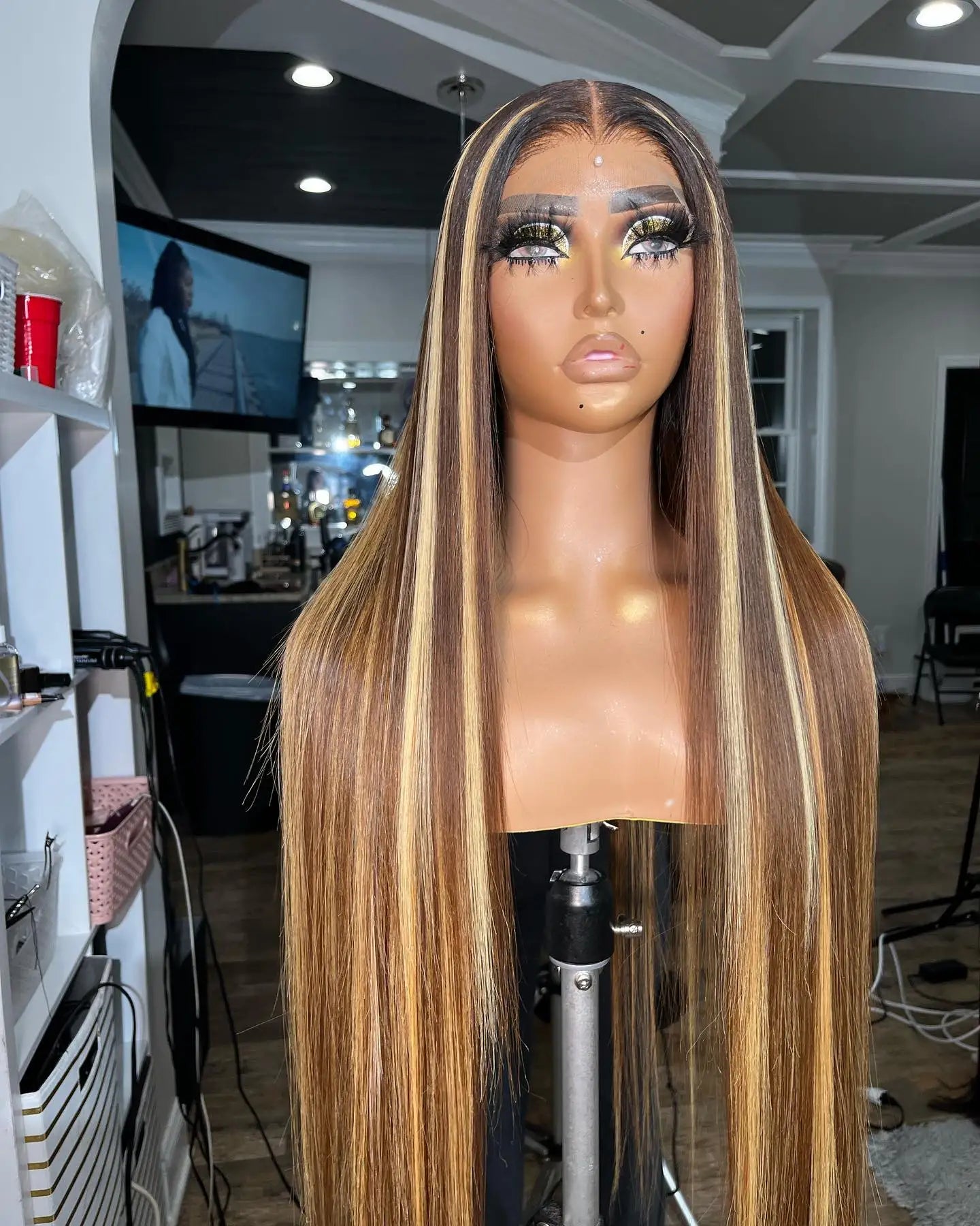 Brown With Gold Gradient Straight Hair Wigs Glueless 5x5 HD Lace Closure Wig Gold Omber Highlight Human Hair Wig Colored Wigs