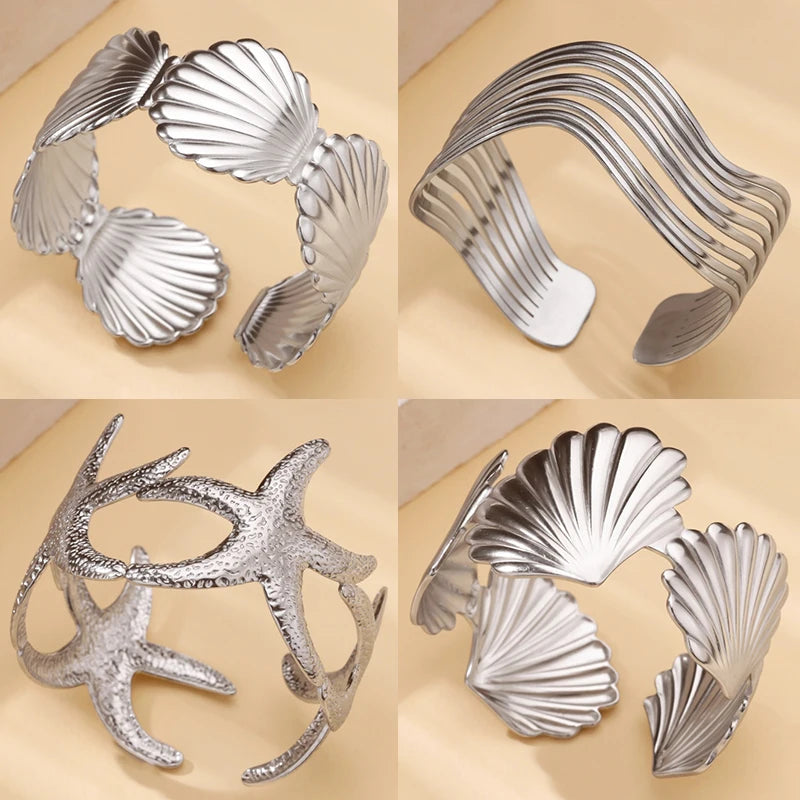 Stainless Steel Shell Bangles for Women Fashion Layered Wave Starfish Cuff Bangle Bracelet Femme Waterproof Jewelry New In