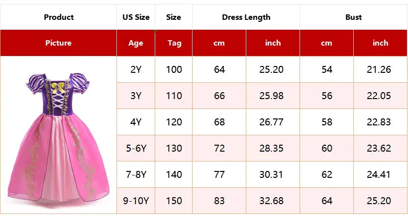 Disney Rapunzel Princess Dress Girl Purple Puff Sleeve Cosplay Tangled Costume Halloween Vestido Kids Birthday Ball Gown Clothes