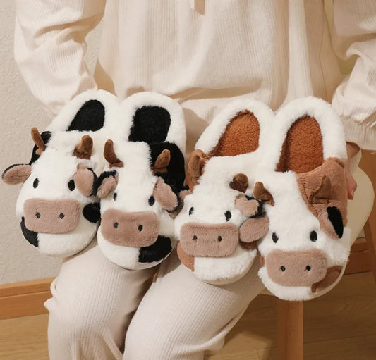 Winter Home Slippers for Couples Warm Plush Neutral Cartoon Cow Indoor Anti Slip Comfortable Cotton for Men Women