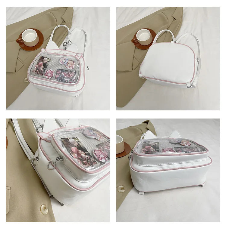Women's Fashion Backpacks Y2K Korean Japan Kawaii Cat Ita Bag PU Cute Girls Transparent Pocket Aesthetic Shoulder Crossbody Bags