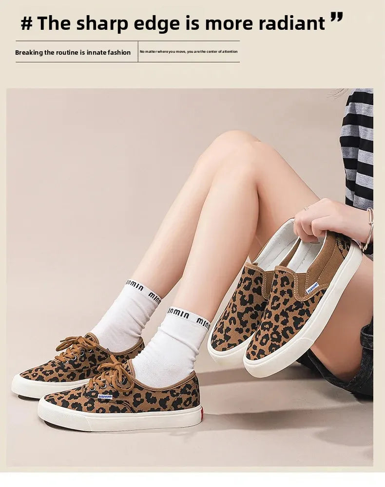 Retro Fashionable Canvas Shoes for Women Student Sports Casual Leopard Print Slip-On Sneakers Comfortable Cotton Lined Shoes