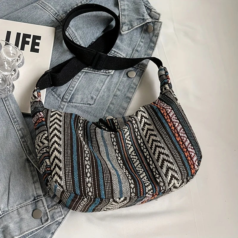 Tribal Style Shoulder Bag, Foldable Crossbody with Zipper Closure, Striped Pattern, Flag Theme Hand Washable Edge Painted Lining
