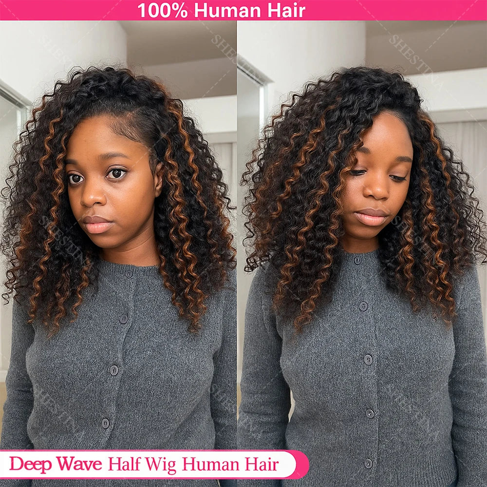 1B/30 highlight 3 In 1 Half Wigs Human Hair Drawstring Burmese 3C 4A Curly Invisible Half Wigs Water Wave Half Wigs Human Hair