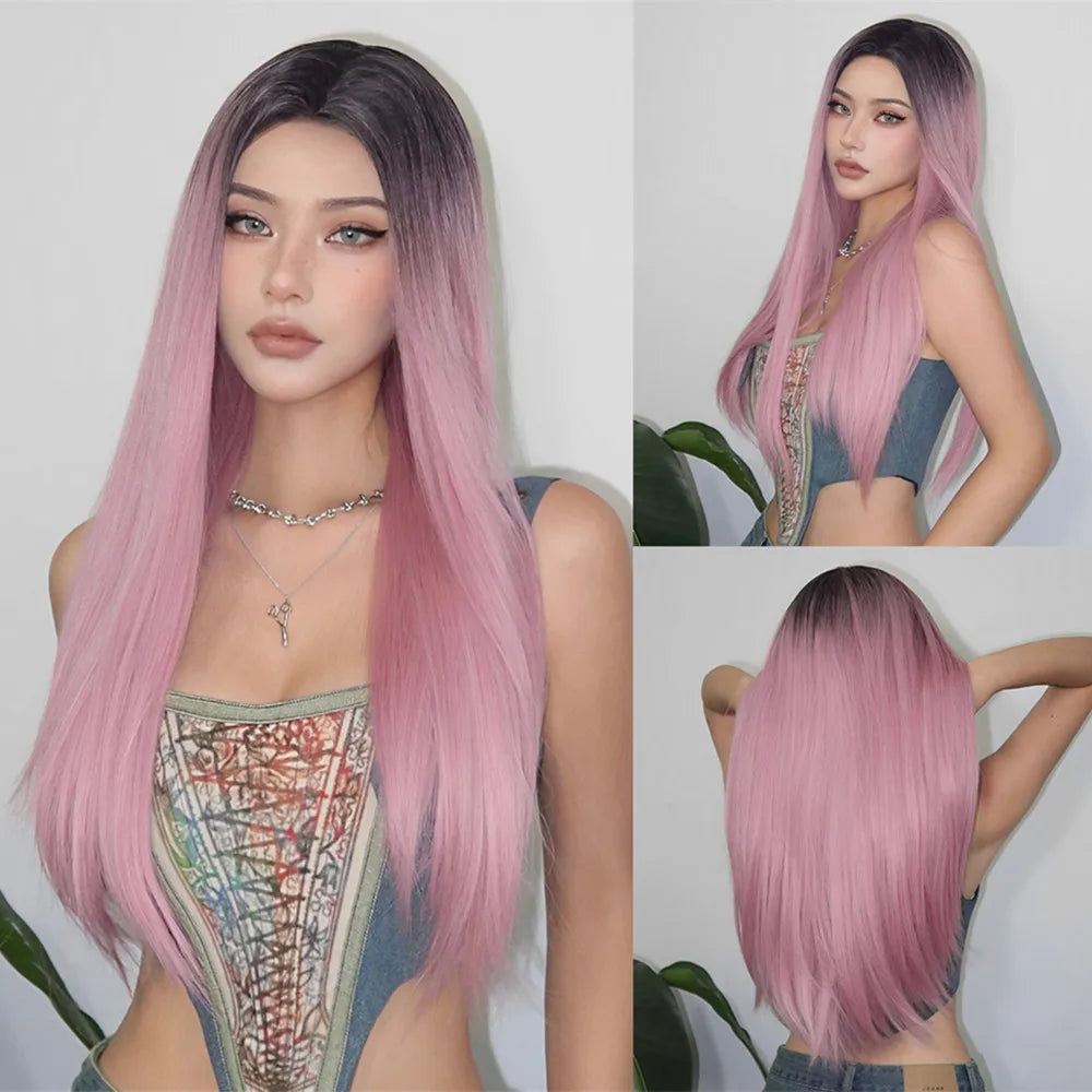 Long Ombre Blonde Synthetic Wigs Middle Part Natural Long Straight layering Wigs For Women Party Halloween Cosplay Daily Wear