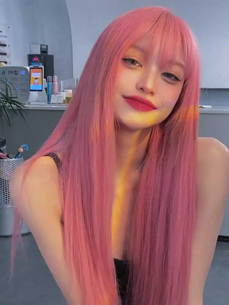 Pink Synthetic Wig With Long Straight Bangs Natural Wig Women Daily Use Cosplay Heat Resistant Lolita Full Head Cover