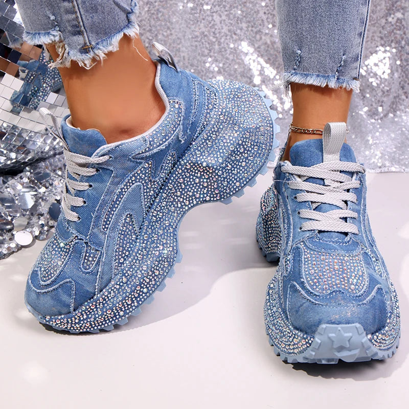 Luxury Rhinestone Chunky Sneakers for Women Fashion Purple Denim Platform Sports Shoes Woman Non Slip Thick Sole Vulcanize Shoes
